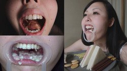 A beautiful office lady chews crunchy food with her mouth exposed!